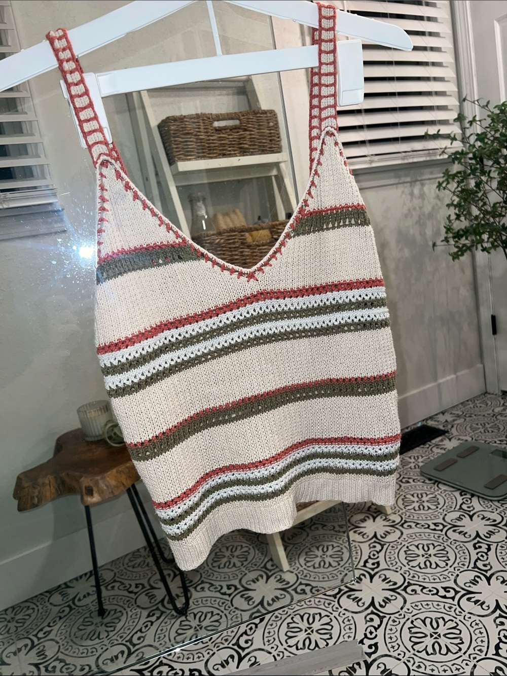 V-Neck Striped Knit Tank Sweater in Cream, Olive & Dusty Rose